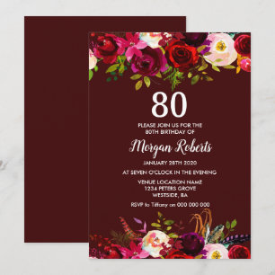 Modern burgundisk Blommigt, 80:e Födelsedagsfesten Inbjudningar