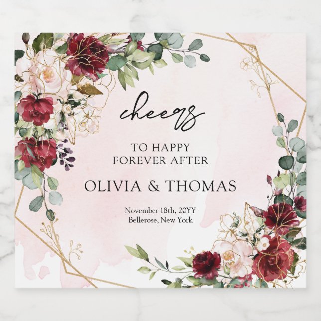 Modern burgundisk blommigt guld geometrisk boho ölflaska etikett (Singel etikett)