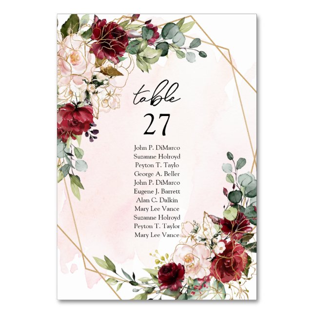 Modern burgundisk blommigt guld geometriskt bordsn bordsnummer (Framsidan)