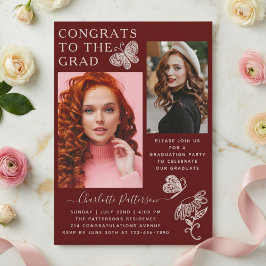 Modern Burgundisk Fjäril Foto Examen Fest Inbjudningar