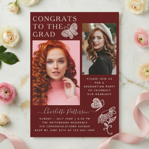 Modern Burgundisk Fjäril Foto Examen Fest Inbjudningar