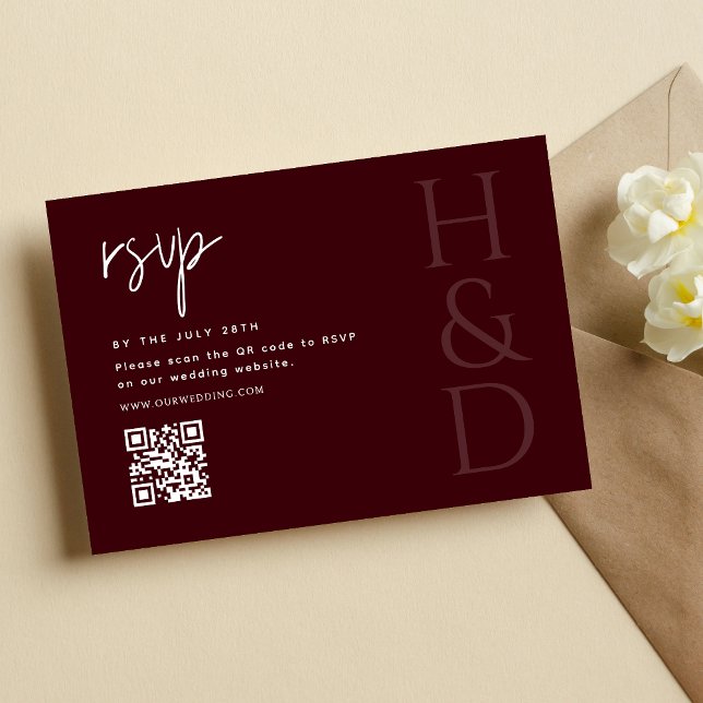Modern Burgundisk Monogram Minimalistisk Bröllopsk OSA Kort (Modern burgundy monogram RSVP card keeps guest responses rich, elegant, and organized.)
