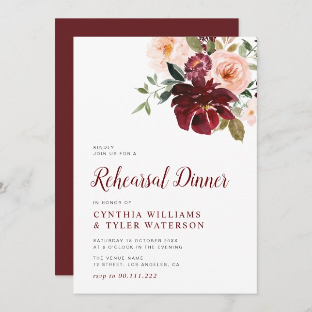 Modern burgundisk och  blommigt-repetitionsmiddag inbjudningar (Fram/baksida)