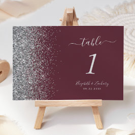Modern Burgundisk Silver Glitter Kant Bröllop Bordsnummer