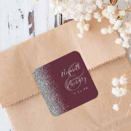 Modern Burgundisk Silver Glitter Kant Bröllop Fyrkantigt Klistermärke