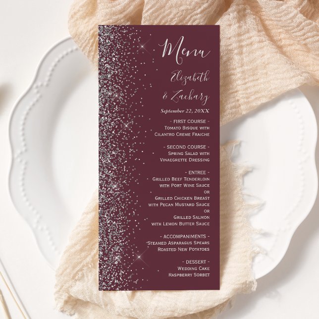 Modern Burgundisk Silver Glitter Kant Bröllop Meny (Skapare uppladdad)