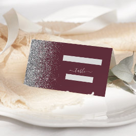 Modern Burgundisk Silver Glitter Kant Bröllop Placeringskort