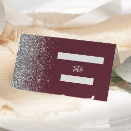 Modern Burgundisk Silver Glitter Kant Bröllop Placeringskort