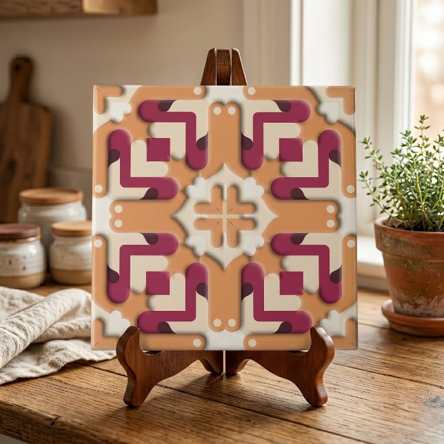 Modern Burgundisk Terrakotta Symmetrisk Geometrisk Kakelplatta (Skapare uppladdad)
