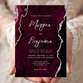 Modern Burgundy Agat Silver Skrift Bröllop Inbjudningar