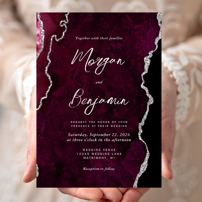 Modern Burgundy Agat Silver Skrift Bröllop Inbjudningar (Skapare uppladdad)