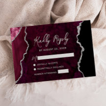 Modern Burgundy Agate Silver Script Wedding RSVP