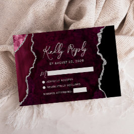 Modern Burgundy Agate Silver Script Wedding RSVP OSA Kort