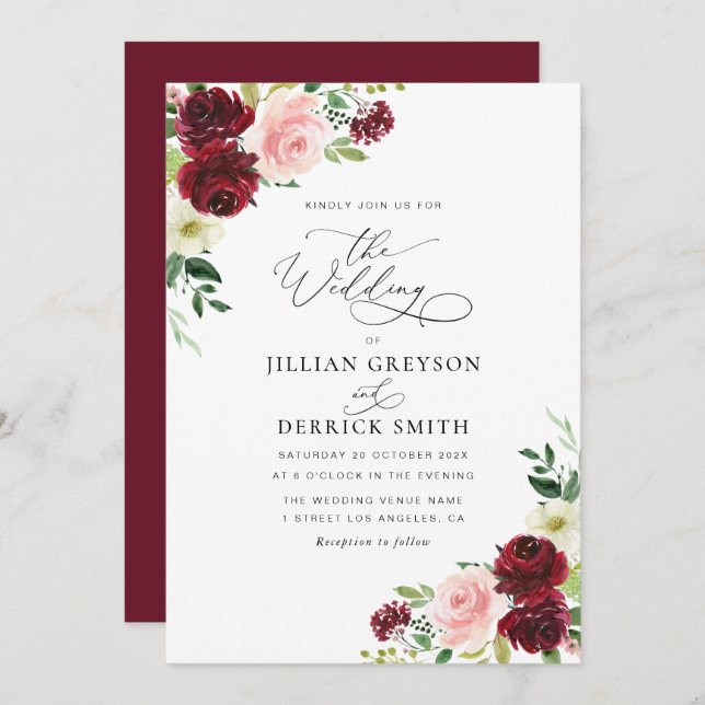 modern burgundy and blush floral wedding inbjudningar (Fram/baksida)
