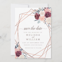 Modern burgundy Blommigt Geometric Ivory Bröllop Spara Datumet