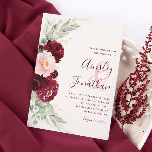 Modern Burgundy Blommigt Greenery Bröllop Inbjudningar