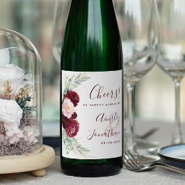 Modern Burgundy Blommigt Greenery Bröllop Vinflaska Etikett