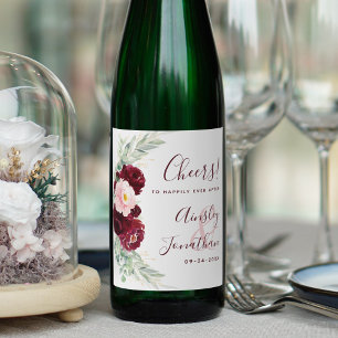 Modern Burgundy Blommigt Greenery Bröllop Vinflaska Etikett
