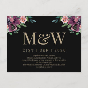 Modern burgundy Blommigt Monogram bröllopsinbjudan Vykort