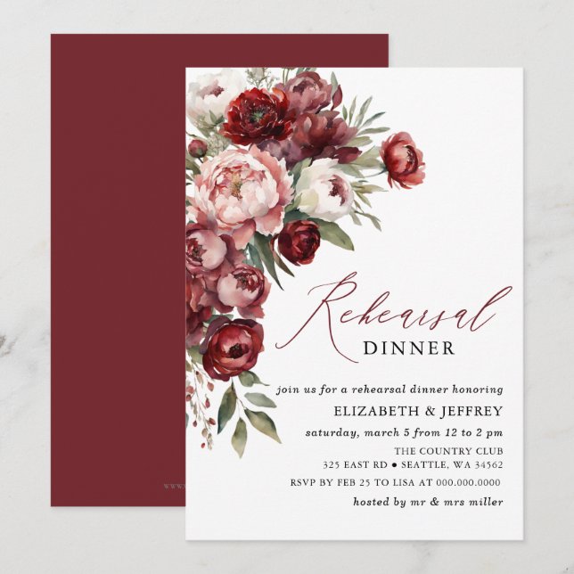 Modern Burgundy  Blommigt Rehearsal Dinner Inbjudningar (Fram/baksida)
