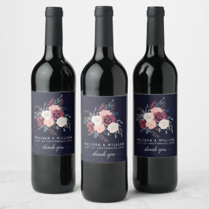 Modern Burgundy-Blommigt Tack marinen Bröllop Vinflaska Etikett