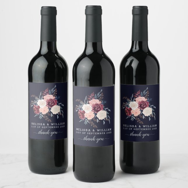 Modern Burgundy-Blommigt Tack marinen Bröllop Vinflaska Etikett (Flaskor)