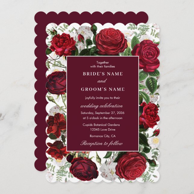 Modern Burgundy Blommigt Watercolor Elegant bröllo Inbjudningar (Fram/baksida)