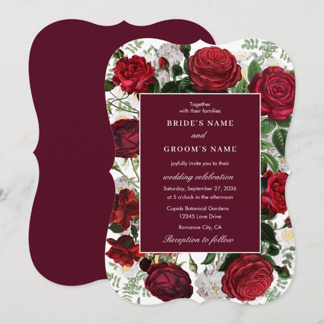 Modern Burgundy Blommigt Watercolor Elegant bröllo Inbjudningar (Fram/baksida)