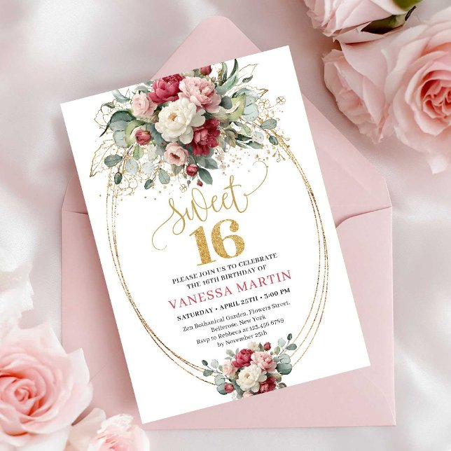 Modern Burgundy Blush Greenery Gold Sweet Sixteen Inbjudningar (Modern Burgundy Blush Greenery Sweet Sixteen Invite)