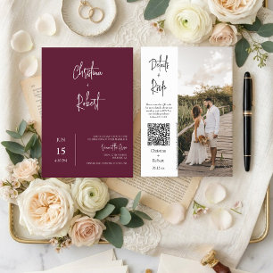 Modern Burgundy Boho Bröllopsfoto QR-kod RSVP Inbjudningar