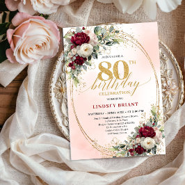 Modern Burgundy Boho Flowers 80th Birthday Invite Inbjudningar