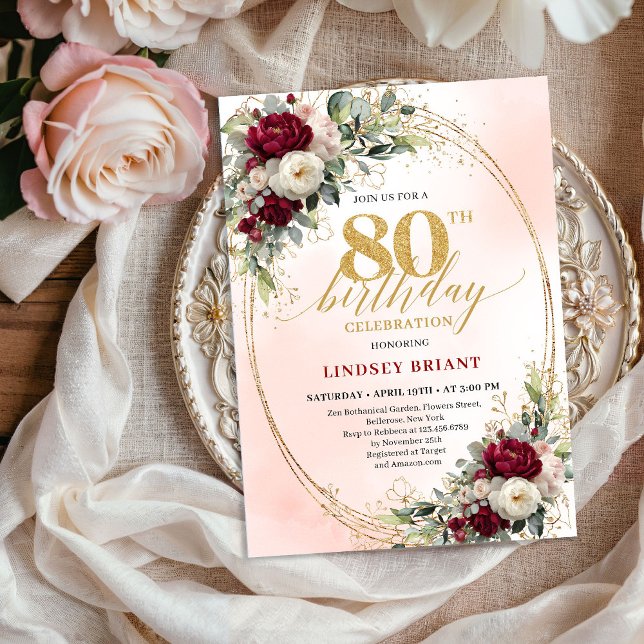 Modern Burgundy Boho Flowers 80th Birthday Invite Inbjudningar (Modern Burgundy Boho Flowers 80th Birthday Invite)