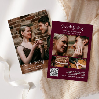 Modern Burgundy Boho QR-kodsfoto med enkel Elegant Spara Datumet