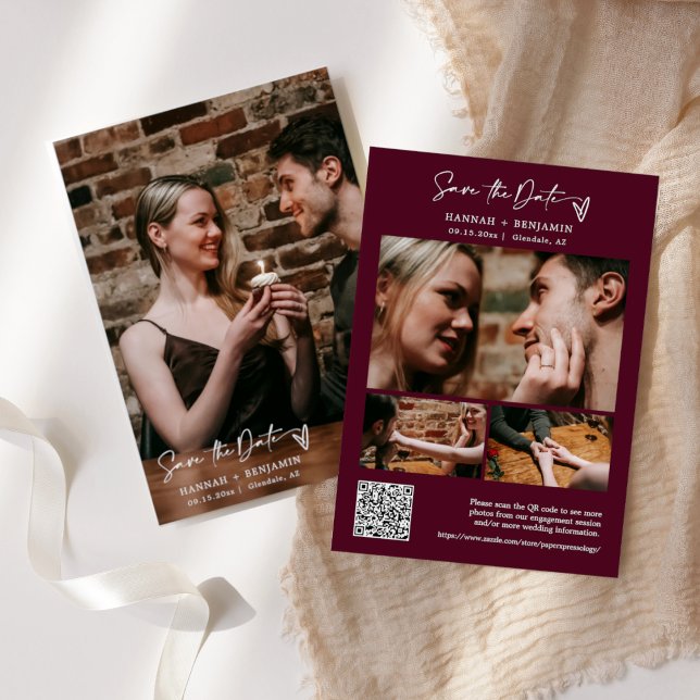 Modern Burgundy Boho QR-kodsfoto med enkel Elegant Spara Datumet (Skapare uppladdad)