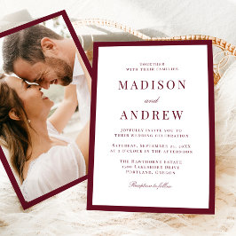 Modern Burgundy Border Photo Wedding Inbjudningar