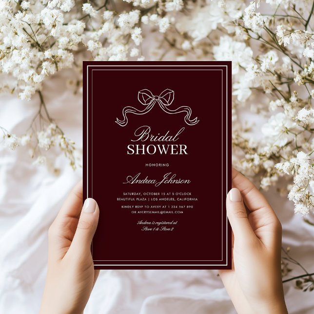 Modern Burgundy Bow Elegant Timeless Bridal Shower Inbjudningar (Skapare uppladdad)