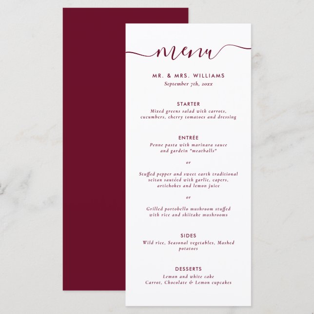 Modern Burgundy Bröllop Menu Meny (Fram/baksida)