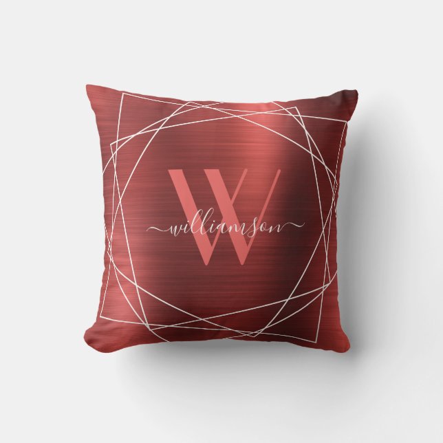 Modern Burgundy Brushed Metall Monogram Namn-skrip Kudde (Framsida)