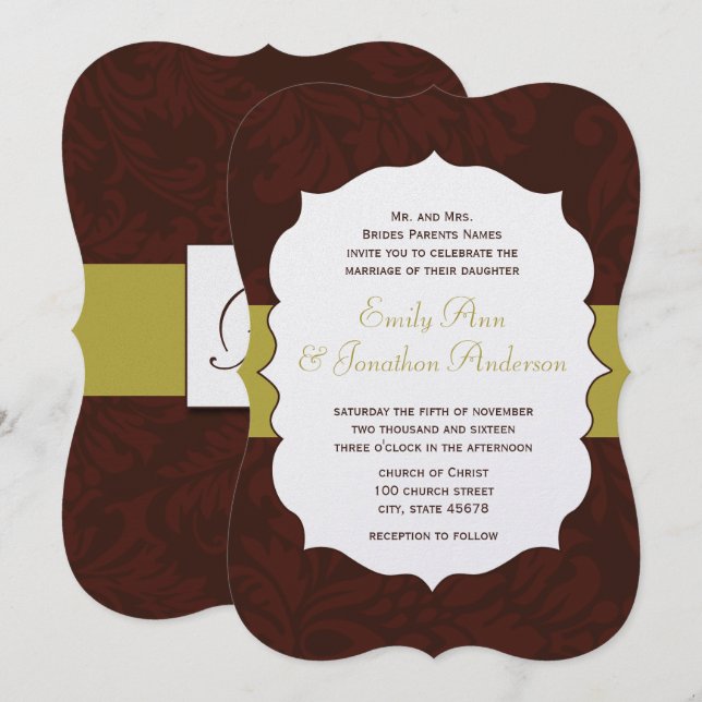 Modern Burgundy Chartreuse Damask Wedding Inbjudan (Fram/baksida)