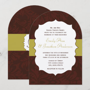 Modern Burgundy Chartreuse Damask Wedding Inbjudan