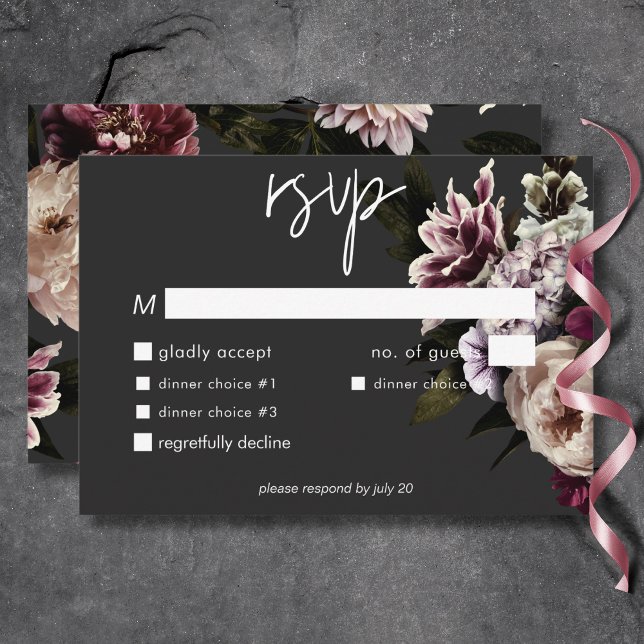 Modern burgundy Cream Peonies Blommigt Black Midda OSA Kort (Modern Burgundy Cream Peonies Floral Black Dinner RSVP Card)