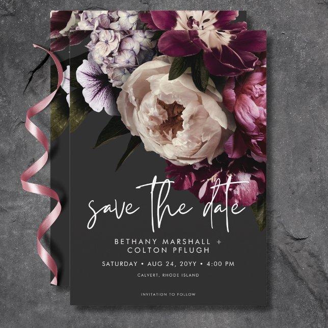 Modern Burgundy & Cream Peonies Blommigt Black Spara Datumet (Modern Burgundy & Cream Peonies Floral Black Save The Date)