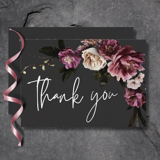 Modern Burgundy & Cream Peonies Blommigt Black Tack Kort (Modern Burgundy & Cream Peonies Floral Black Thank You Card)