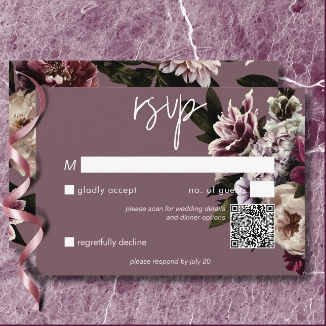Modern Burgundy & Cream Peonies Blommigt QR-kod OSA Kort (Modern Burgundy & Cream Peonies Floral QR Code RSVP Card)