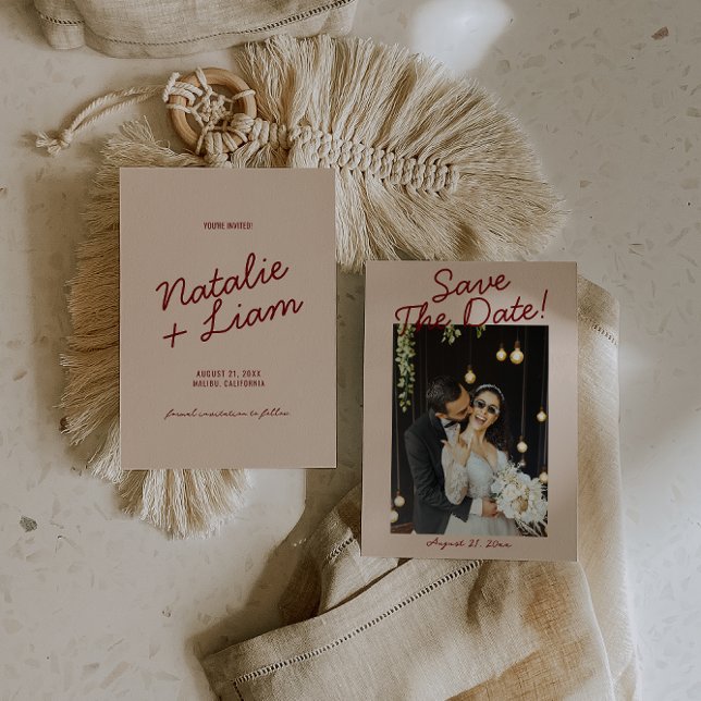 Modern Burgundy Cream Whimsical Photo Wedding  Spara Datumet (Skapare uppladdad)