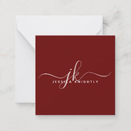 Modern Burgundy Elegant Script Initialer Monogram Anteckningskort