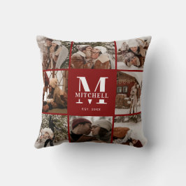 Modern Burgundy Family Photo Collage Monogram Gift Kudde