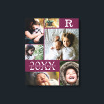 Modern Burgundy Färg Block Family 6 Fotokollage Canvastryck<br><div class="desc">Modern Burgundy Vin Block Family 6 Photo Collage - med personligens efternamn, år och första brev, alla ordnade i en elegant rutnätslayout. Denna moderna och eleganta visning 6 av ditt eget bilder är mycket bra. Finns i flera färgrutor för att matcha valfri rumsdekorering. Gör en underbar helgdag för morföräldrar, föräldrar,...</div>