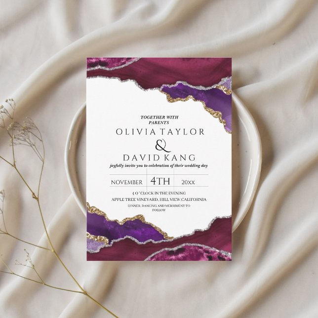 Modern burgundy faux guld Lila mix Agate Bröllop Inbjudningar (Skapare uppladdad)