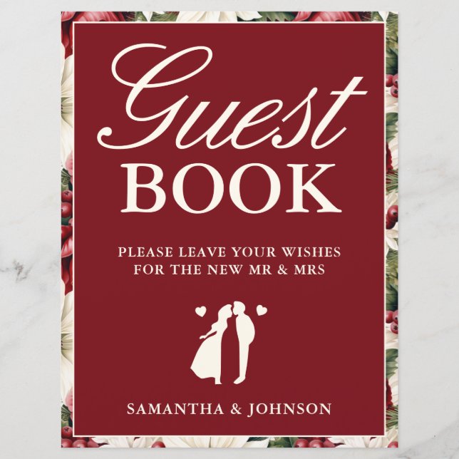 Modern Burgundy Floral Guest Book Wedding Sign (Framsida)